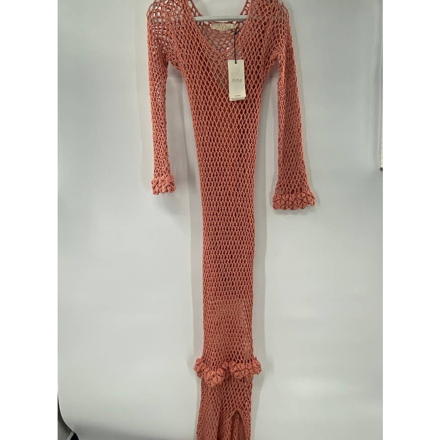 New Ayni Imac Crochet Mesh Maxi Dress Side Slits Pima Cotton Medium Coral Knit — image 4 of 8